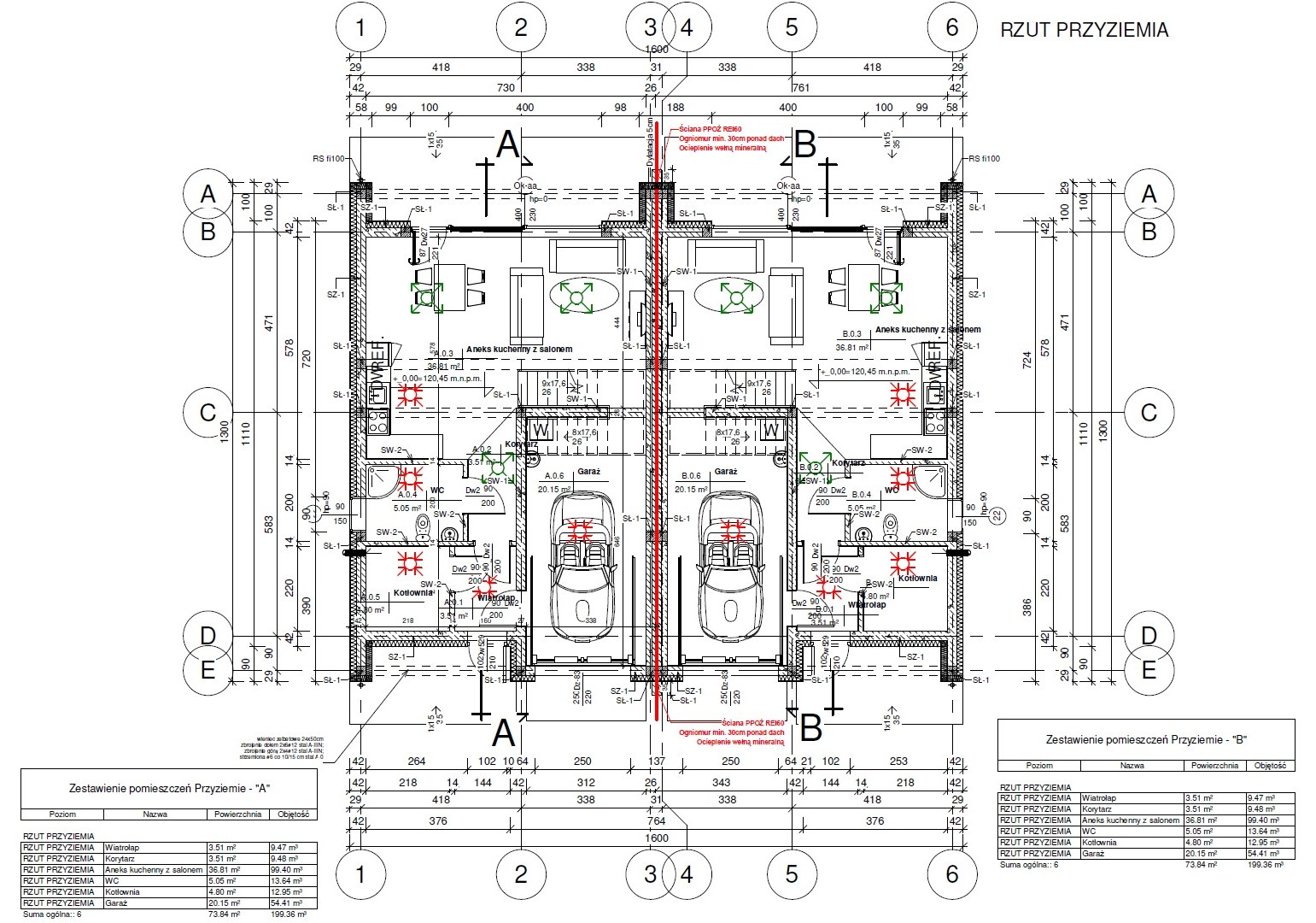 Rzut przyziemia (parter) – 73,84 m² na segment